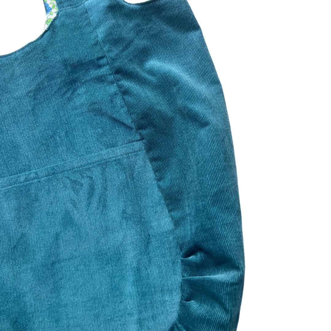 Close-up of a teal corduroy bag on a white background