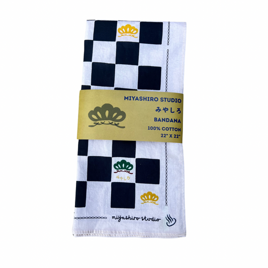 Checkered bandana with Miyashiro Studio branding on a white background
