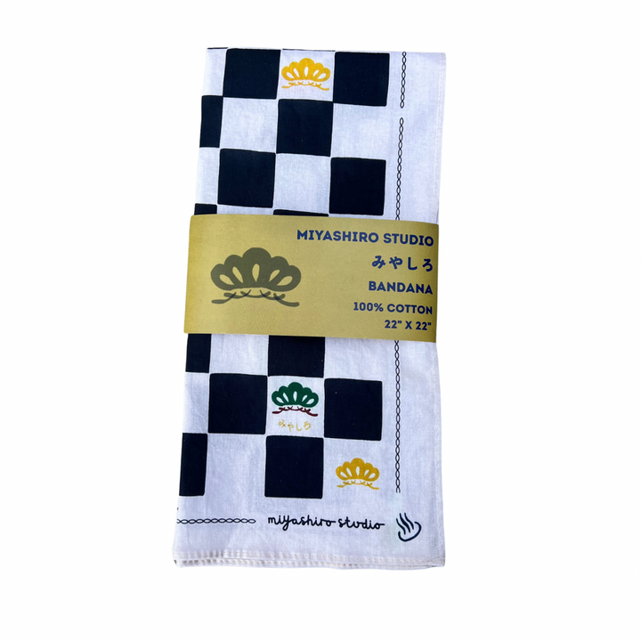Checkered bandana with Miyashiro Studio branding on a white background