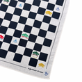 Load image into Gallery viewer, Checkered bandana with printed logos on a white background
