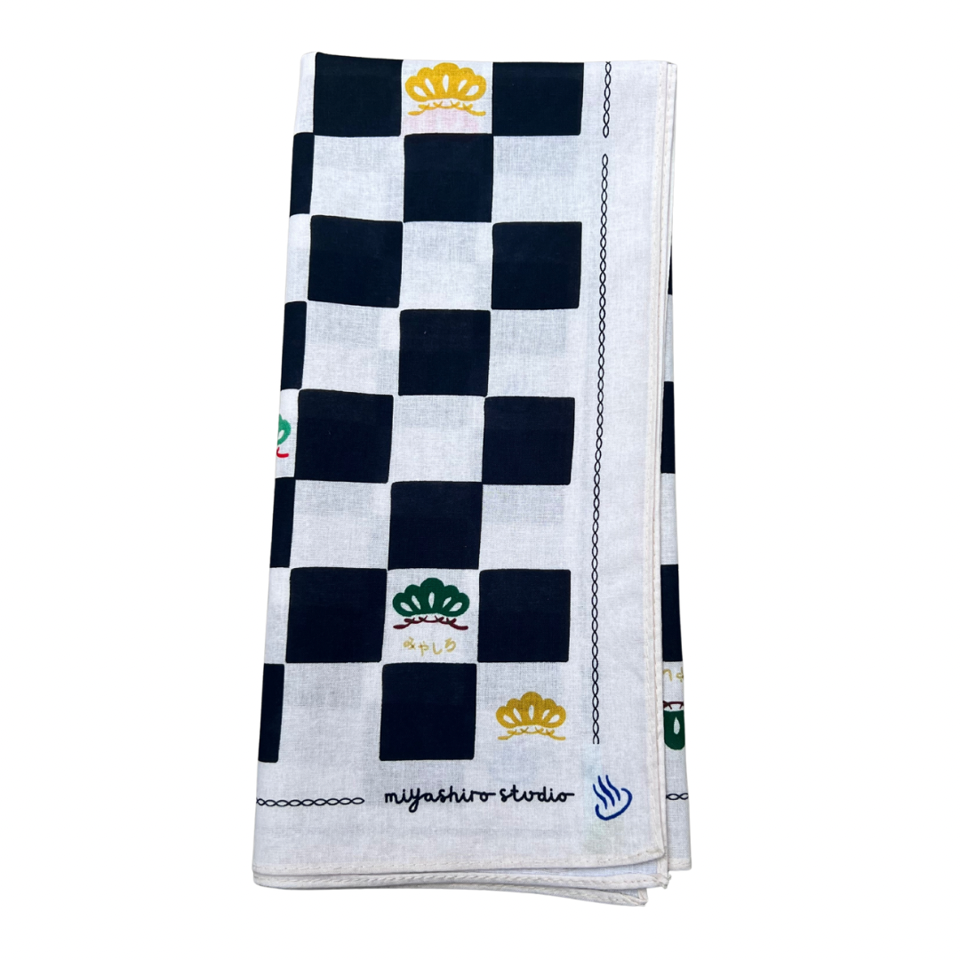 Checkered bandana with printed logos on a white background