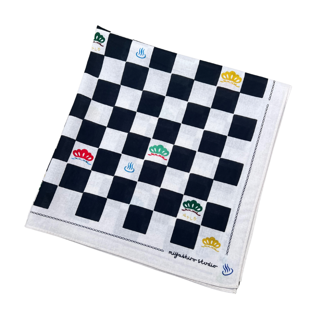Checkered bandana with printed logos on a white background